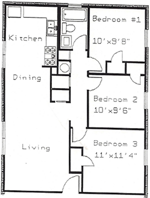 Three Bedroom / One Bath - 884 Sq. Ft.*